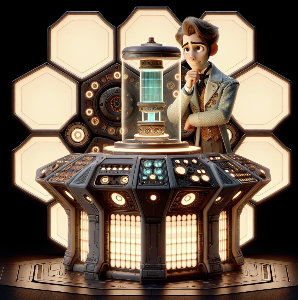 A cartoon scientist in a thoughtful pose stands beside a futuristic machine with glowing panels and intricate controls. The TARDIS console, basically... with a pixar Doctor!